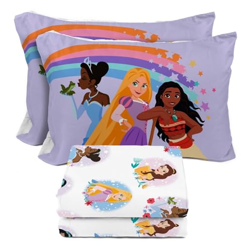 Sunny Side Up Disney Princess Full Sheet Set 4 Piece Kids Bedding Set Includes Pillow Cover Super Soft Rainbow Microfiber Sheets Moana Belle Rapunzel