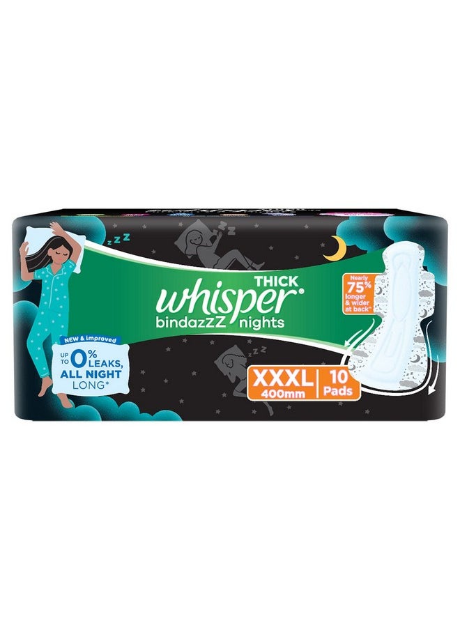 Whisper Bindazzz Nights Sanitary Pads, 10 Xxxl Pads, Upto 0% Leaks All Night Long, For Heavy Flow, 75% Longer & Wider Back, Comfortable Cushiony Soft Wings, Disposable Wrapper  - Image 1