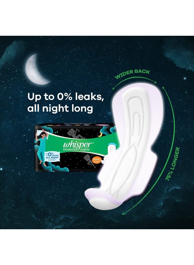 Whisper Bindazzz Nights Sanitary Pads, 10 Xxxl Pads, Upto 0% Leaks All Night Long, For Heavy Flow, 75% Longer & Wider Back, Comfortable Cushiony Soft Wings, Disposable Wrapper  - Image 3