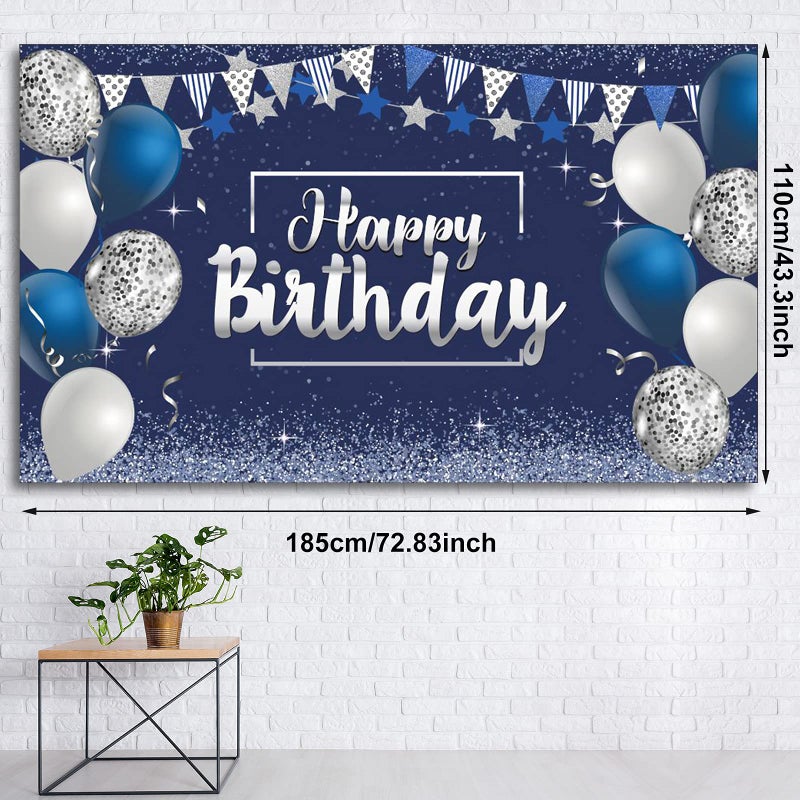 Tatuo Happy Birthday Decorations Backdrop, Glitter Birthday Backdrop Sign, Happy Birthday Banner, Birthday Party Supplies Photo Background for Children Men Women, 72.8 x 43.3 Inch (Silver and Navy Blue) - Image 2