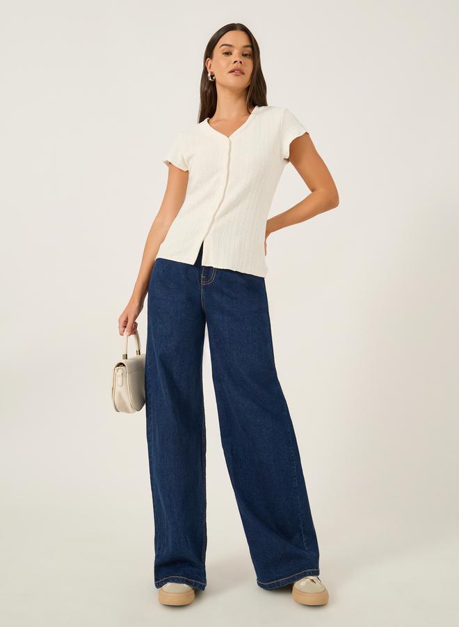 Styli Textured Extended Sleeves Buttoned Fitted T-Shirt  - Image 2