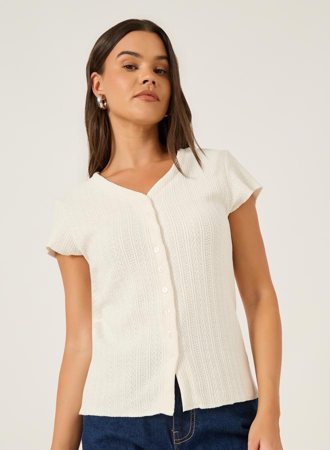 Styli Textured Extended Sleeves Buttoned Fitted T-Shirt  - Image 1