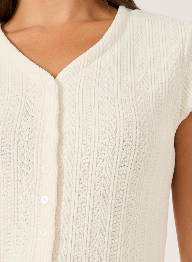 Styli Textured Extended Sleeves Buttoned Fitted T-Shirt  - Image 3