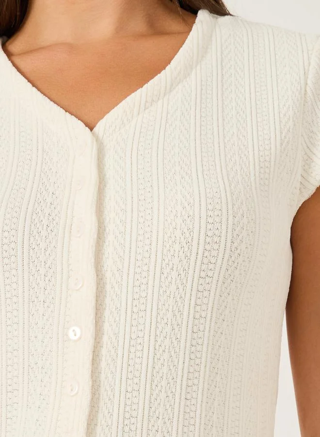 Styli  Styli Textured Extended Sleeves Buttoned Fitted T-Shirt for Women | Best Price UAE