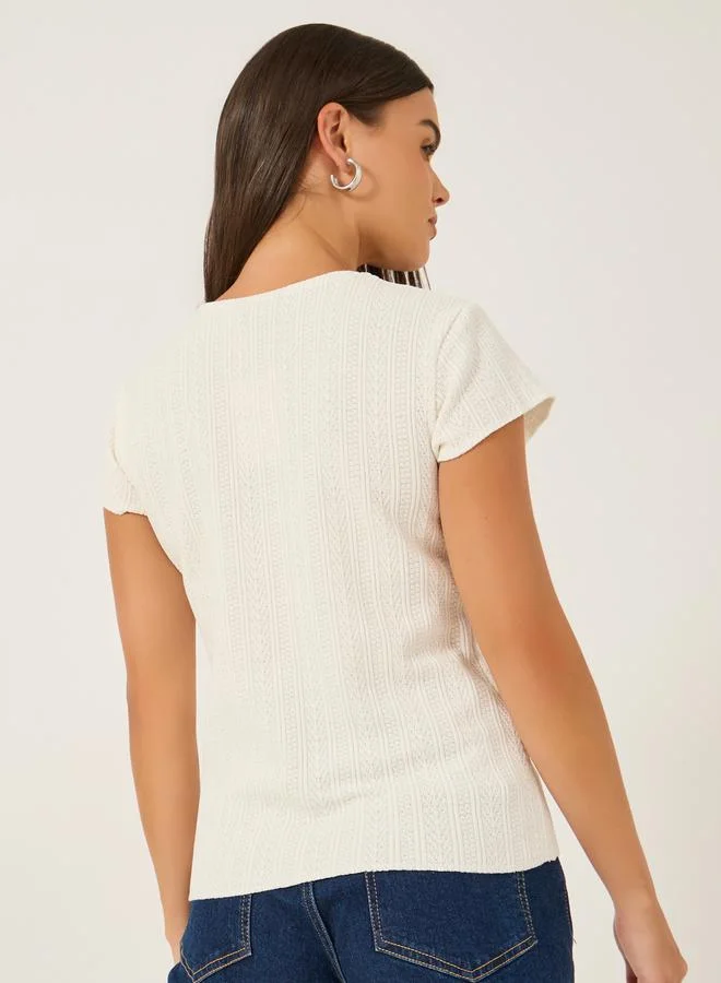 Styli  Styli Textured Extended Sleeves Buttoned Fitted T-Shirt for Women | Best Price UAE
