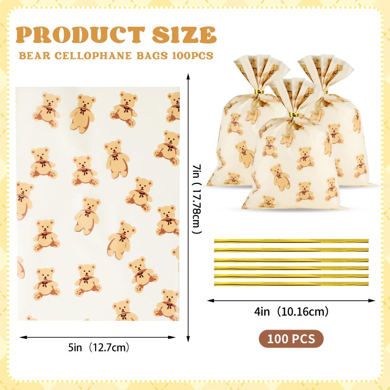 Docvania Bear Cellophane Treat Bags Plastic Gift Bag 100 pcs 5 X 7 Bear Cookie Bags with Ties Goodie Candy Bag Suitable for Mother's Day, Valentine's Day, and Holiday Parties - Image 2