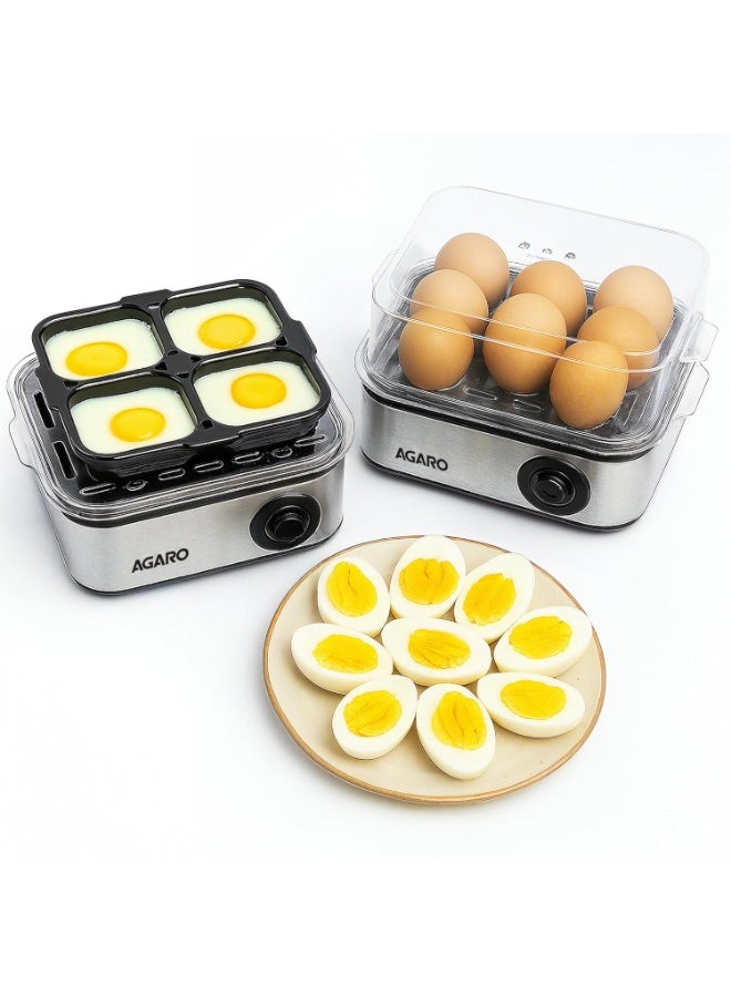AGARO Grand Egg Boiler And Poacher, 2-in1 Boils 8 Eggs, Poach 4 Eggs, Steamed Vegetables, 3 Boiling Types, Stainless Steel Body, Transparent Lid, 500W, Silver - Image 1