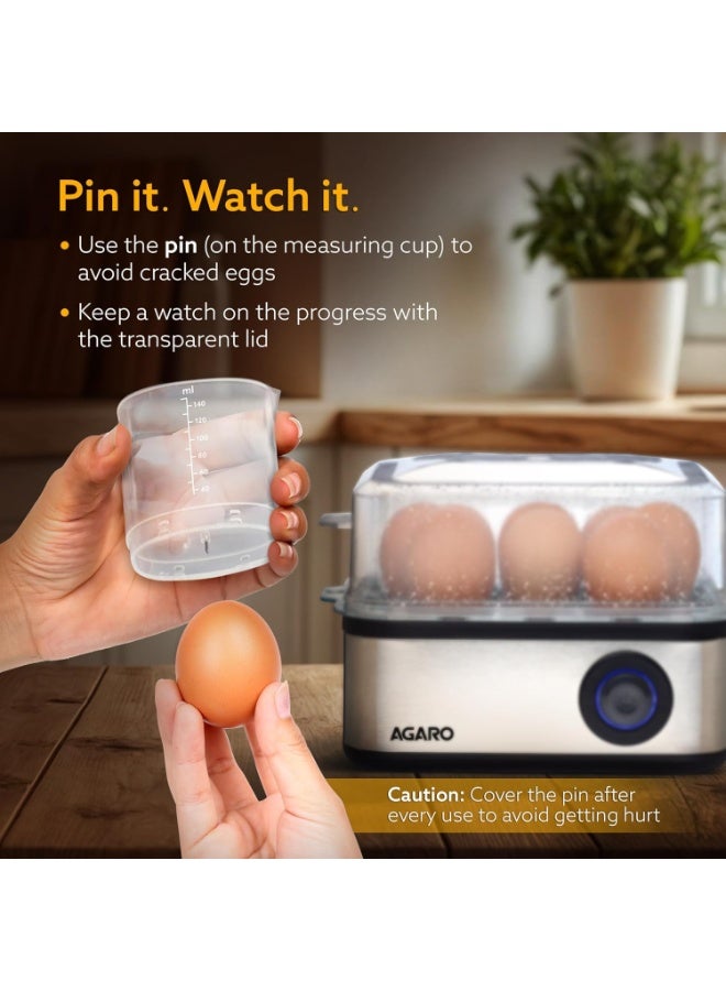 AGARO Grand Egg Boiler And Poacher, 2-in1 Boils 8 Eggs, Poach 4 Eggs, Steamed Vegetables, 3 Boiling Types, Stainless Steel Body, Transparent Lid, 500W, Silver - Image 2
