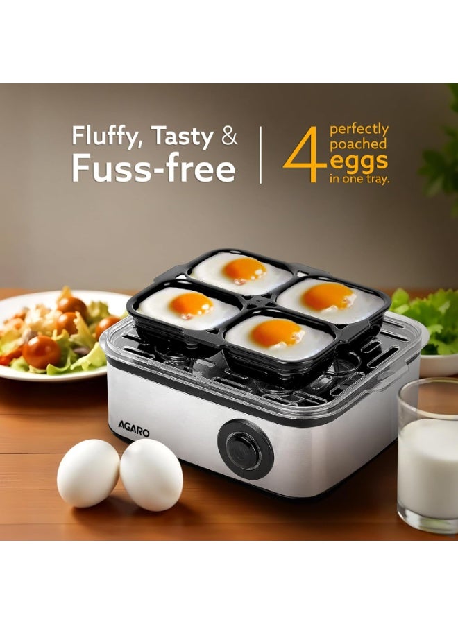 AGARO Grand Egg Boiler And Poacher, 2-in1 Boils 8 Eggs, Poach 4 Eggs, Steamed Vegetables, 3 Boiling Types, Stainless Steel Body, Transparent Lid, 500W, Silver - Image 3