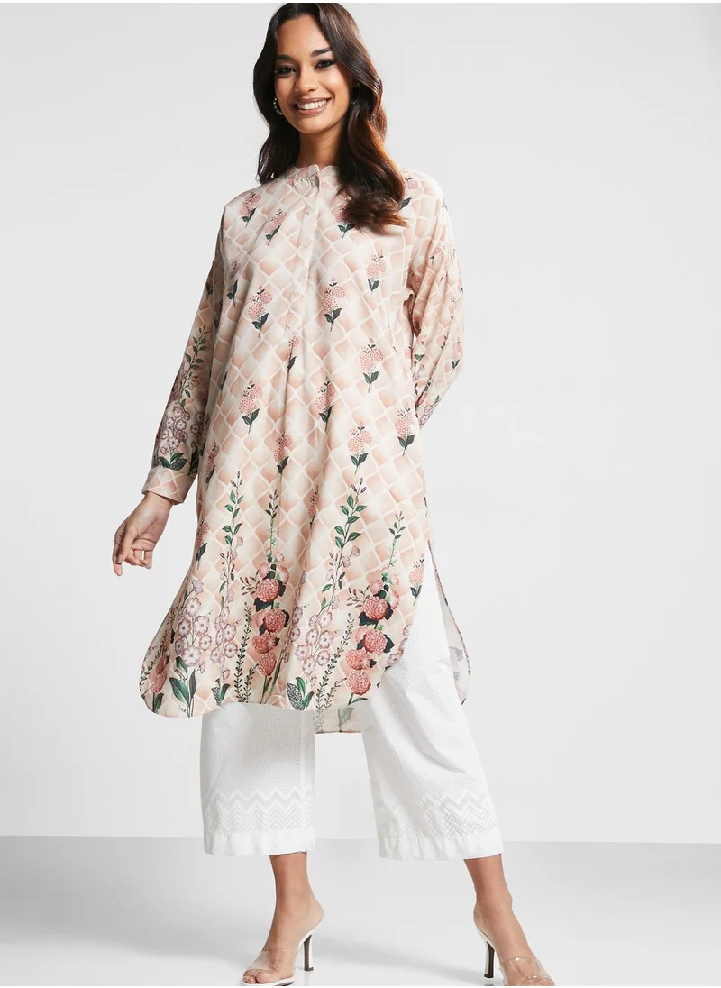 Nishat Linen Floral Print Button Detail Kurti