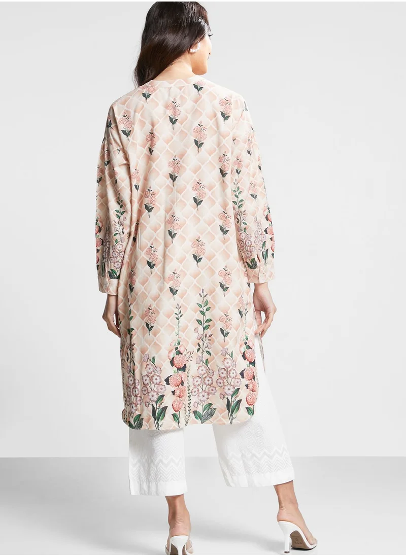 Nishat Linen Floral Print Button Detail Kurti