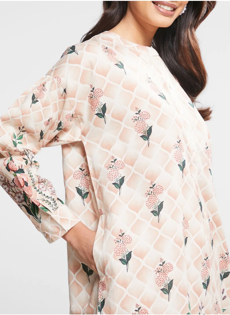 Nishat Linen Floral Print Button Detail Kurti