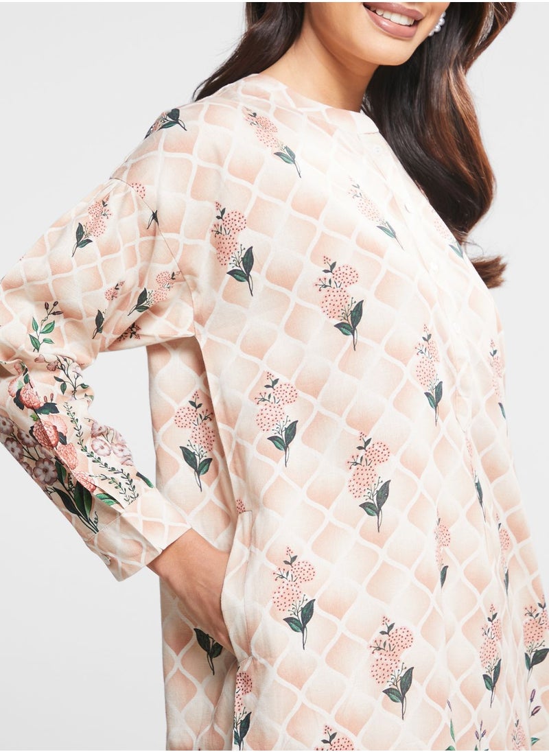 Nishat Linen - Floral Print Button Detail Kurti - Image 1