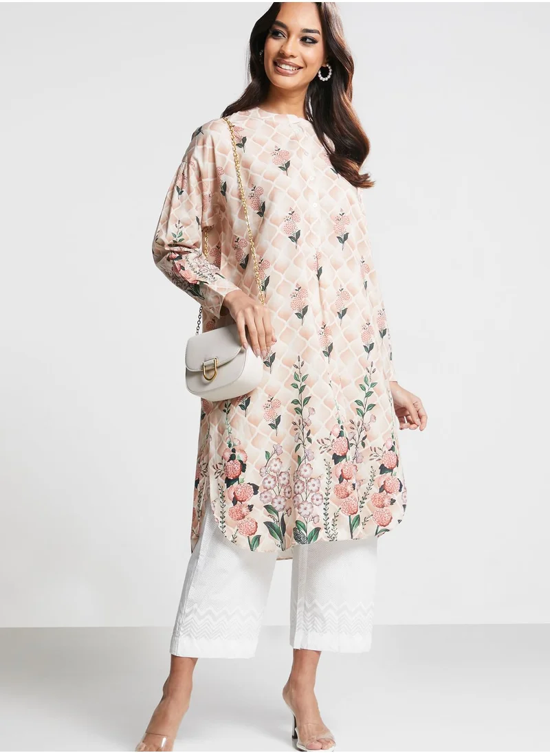 Nishat Linen Floral Print Button Detail Kurti