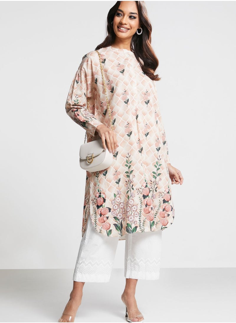 Nishat Linen - Floral Print Button Detail Kurti - Image 1