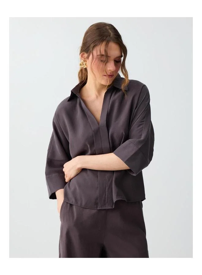 Jimmy Key Bitter Coffee Shirt-Collar Truvakar Sleeve Modal Woven Blouse.