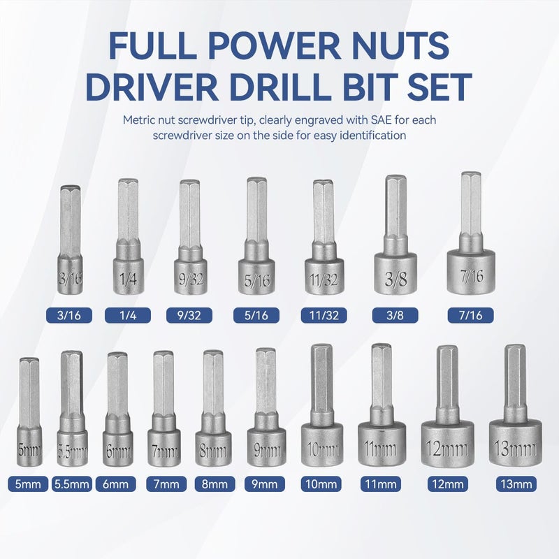 Serplex 23Pcs Power Nuts Driver Drill Bit Tools Set 14 Driver Hex Shank Keys Metric Socket Wrench Screw Impact Driver Bit Set for Power Tools Electric Drills Screwdrivers Socket Wrench - Image 3