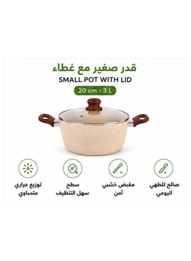 طقم أواني طهي جرانيت 8 قطع مع أغطية زجاجية ومقلاة | قدور غير لاصقة مع 5 أدوات مطبخ | مقابض خشبية | بيج - Image 3