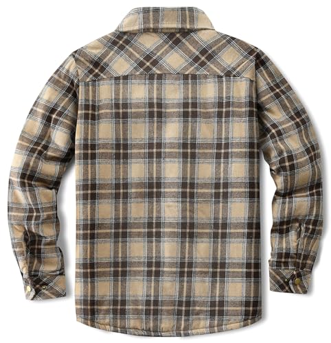 Puwasa Men's Cotton Flannel Shirt Jacket Long Sleeve Fleece Casual Button Down Plaid Jacket, Brushed Soft Outdoor Coat with Pocket Khaki Small - Image 4