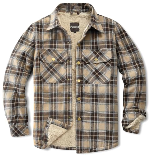 Puwasa Men's Cotton Flannel Shirt Jacket Long Sleeve Fleece Casual Button Down Plaid Jacket, Brushed Soft Outdoor Coat with Pocket Khaki Small - Image 1