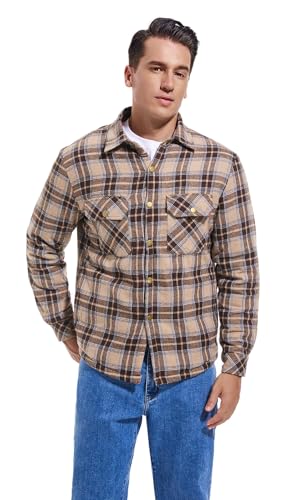 Puwasa Men's Cotton Flannel Shirt Jacket Long Sleeve Fleece Casual Button Down Plaid Jacket, Brushed Soft Outdoor Coat with Pocket Khaki Small - Image 3
