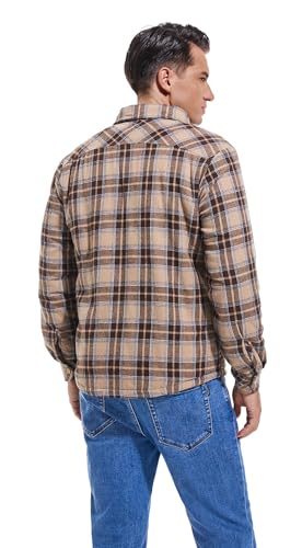 Puwasa Men's Cotton Flannel Shirt Jacket Long Sleeve Fleece Casual Button Down Plaid Jacket, Brushed Soft Outdoor Coat with Pocket Khaki Small - Image 5