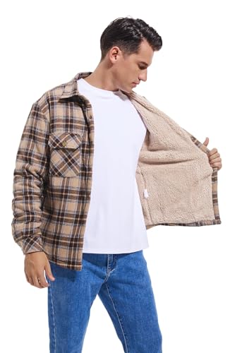 Puwasa Men's Cotton Flannel Shirt Jacket Long Sleeve Fleece Casual Button Down Plaid Jacket, Brushed Soft Outdoor Coat with Pocket Khaki Small - Image 2