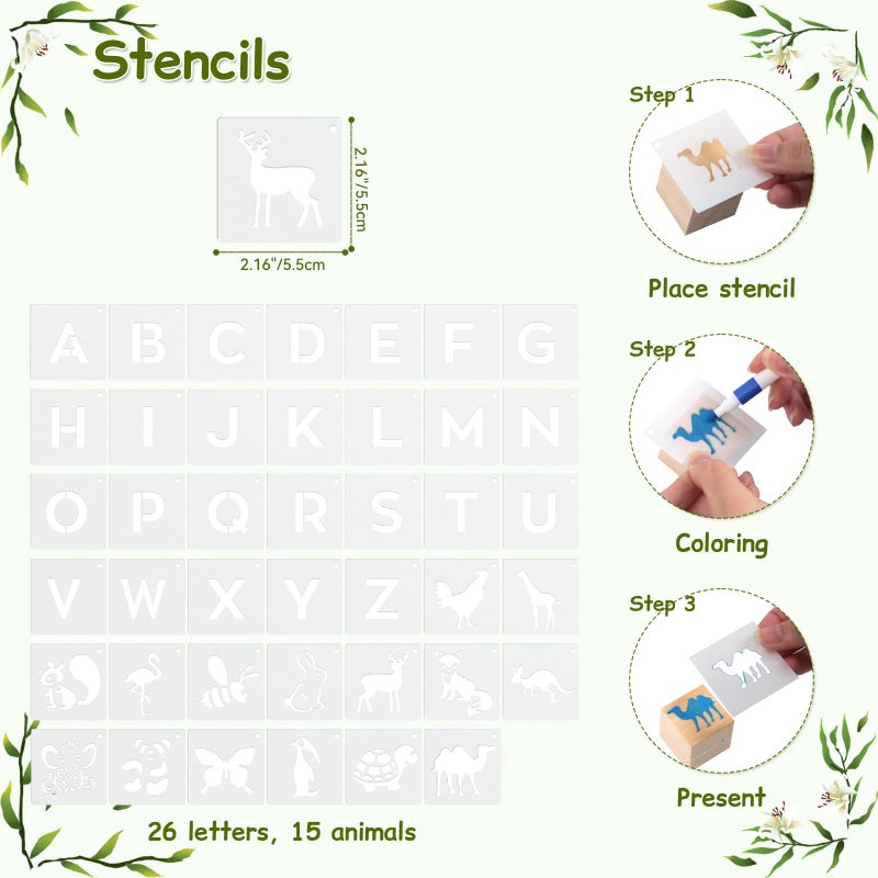 BORISI 144 Pcs Baby Shower Games Sign Kit, Including 50 DIY Blank Wooden Blocks, 41 Stencils, 36 Acrylic Paint Markers, 15 Advice Cards, 1 Game Sign, 1 Storage Box for Baby Shower Games, Gender Reveal Party - Image 4