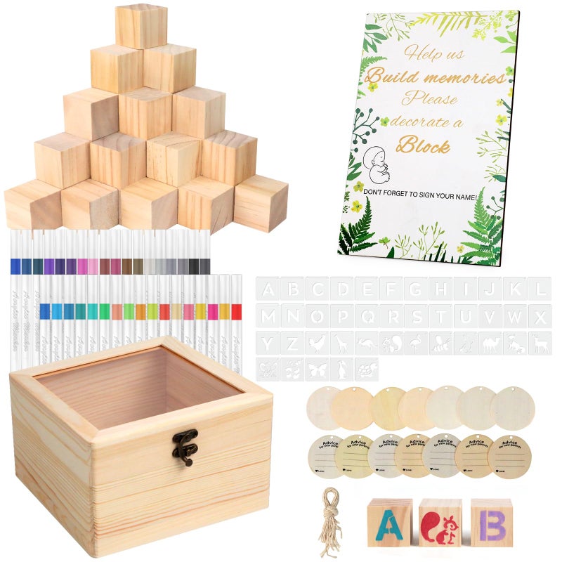 BORISI 144 Pcs Baby Shower Games Sign Kit, Including 50 DIY Blank Wooden Blocks, 41 Stencils, 36 Acrylic Paint Markers, 15 Advice Cards, 1 Game Sign, 1 Storage Box for Baby Shower Games, Gender Reveal Party - Image 1