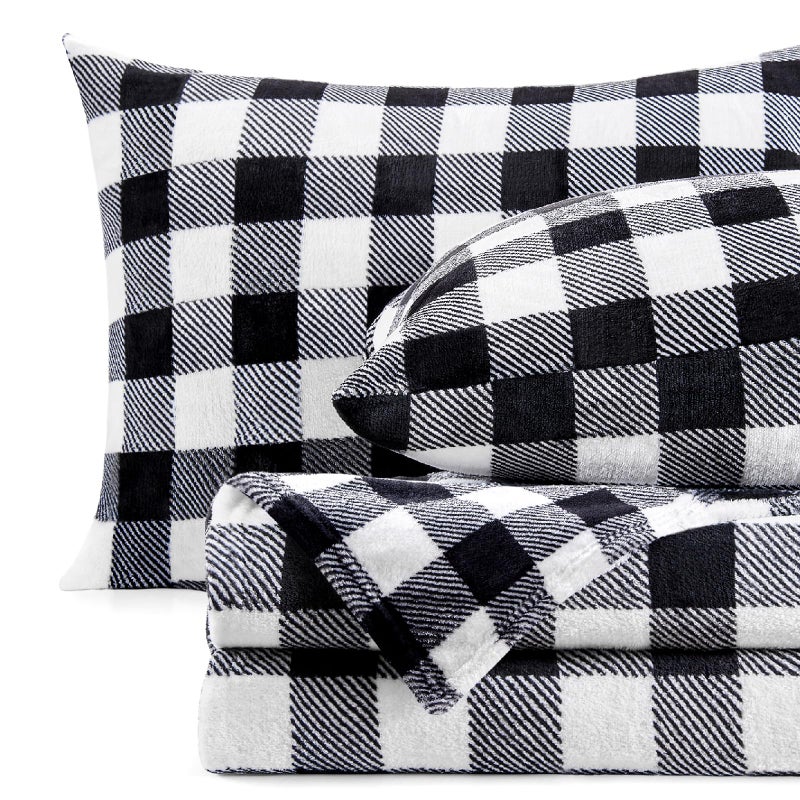 BEDELITE Flannel Sheets Queen Size Bed Set, Luxury Black and White Plaid Winter Bedding Set, Super Soft & Warm Fuzzy Fleece Sheets 4 Piece(Include Fitted Sheet, Flat Sheet, 2 Pillowcases) - Image 1