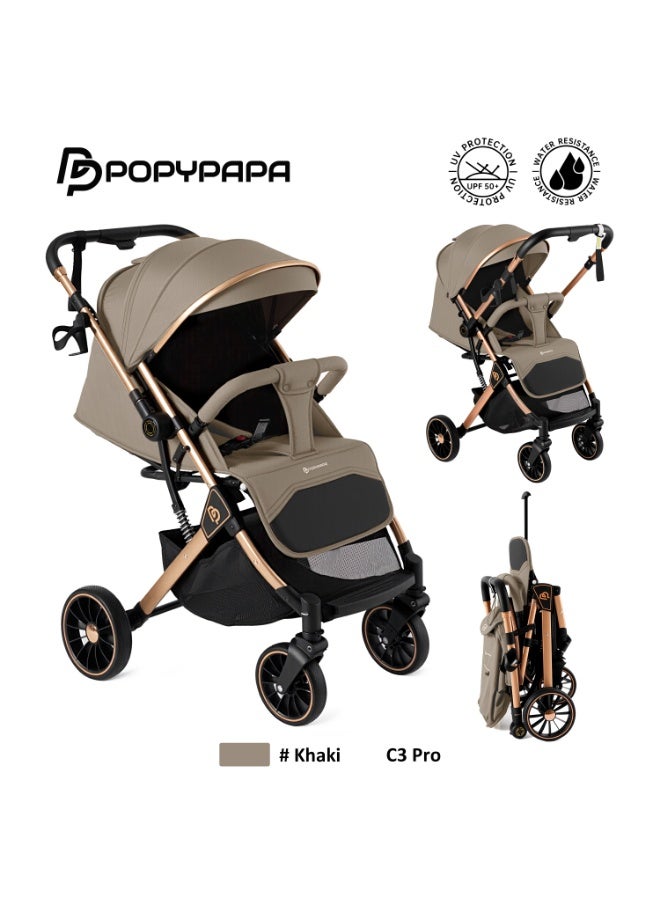 PopyPapa C3 Pro Premium Baby Stroller | Compact Foldable Travel Pushchair | UPF 50+ Canopy | Water Resistant Baby Pram | Lightweight Frame | Safety Harness | Smooth Wheel System | Storage Basket | Luxury Everyday Stroller For UAE Travel