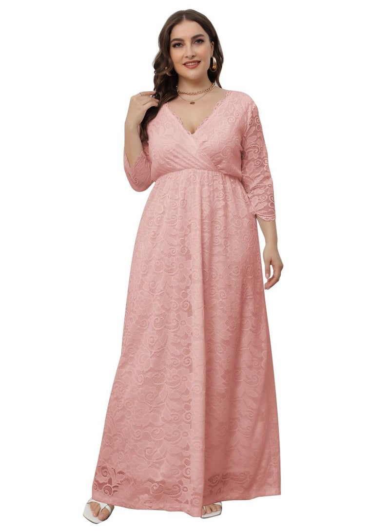 Loquat Women's Large V-Neck High Waist Lace Dress Pink  - Image 1