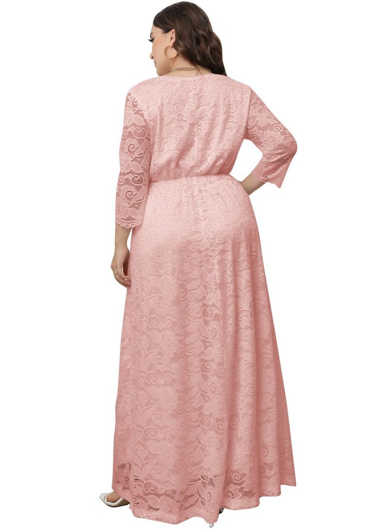 Loquat Women's Large V-Neck High Waist Lace Dress Pink  - Image 3
