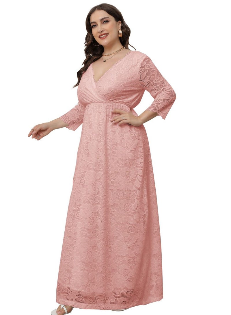 Loquat Women's Large V-Neck High Waist Lace Dress Pink  - Image 2