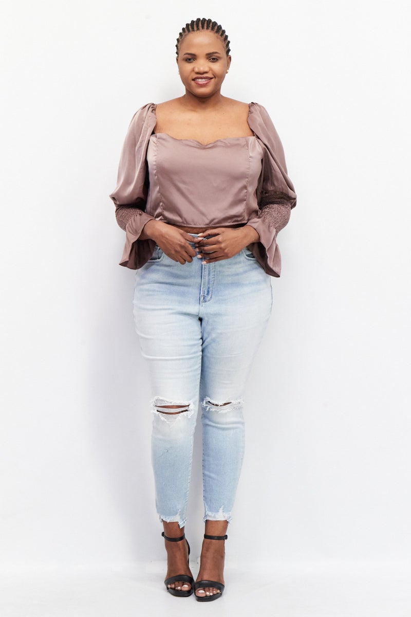 In the style Women Plus Size Square Neck Long Sleeve Solid Crop Top, Taupe - Image 3
