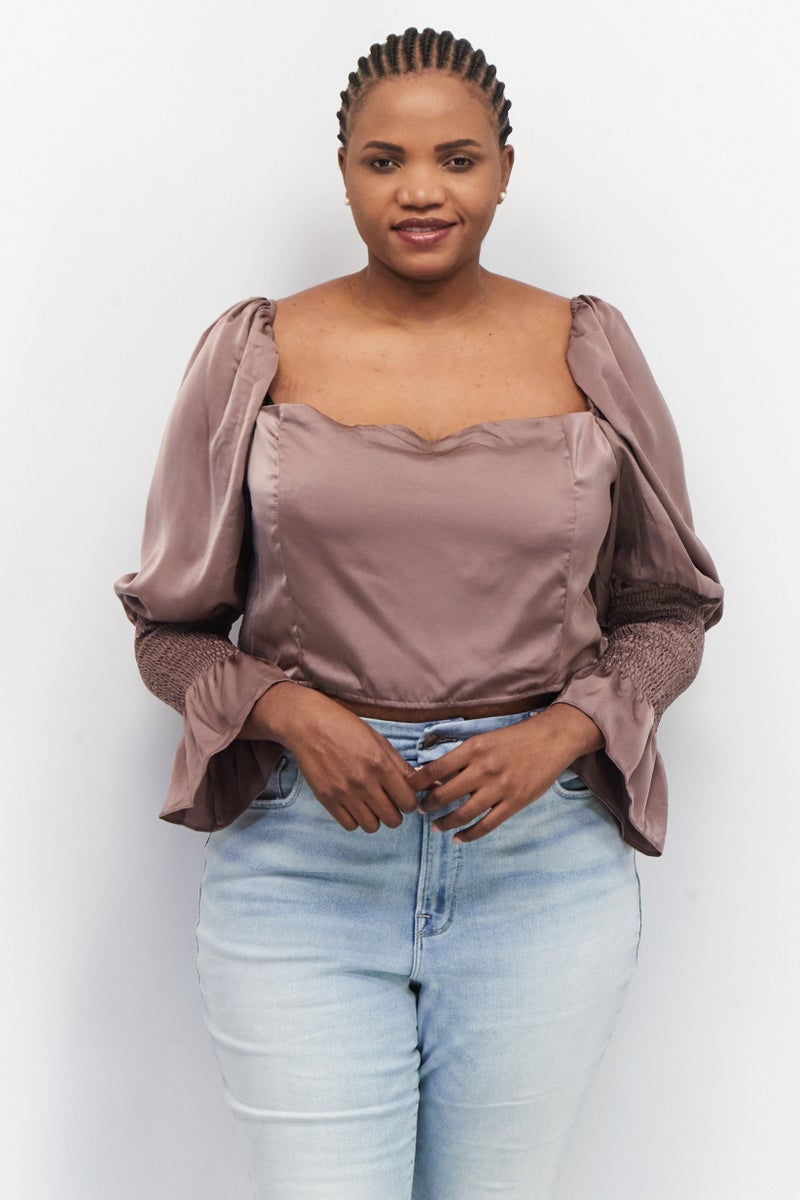 In the style Women Plus Size Square Neck Long Sleeve Solid Crop Top, Taupe - Image 1