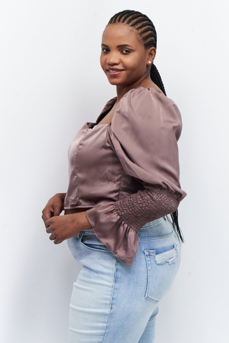 In the style Women Plus Size Square Neck Long Sleeve Solid Crop Top, Taupe - Image 2