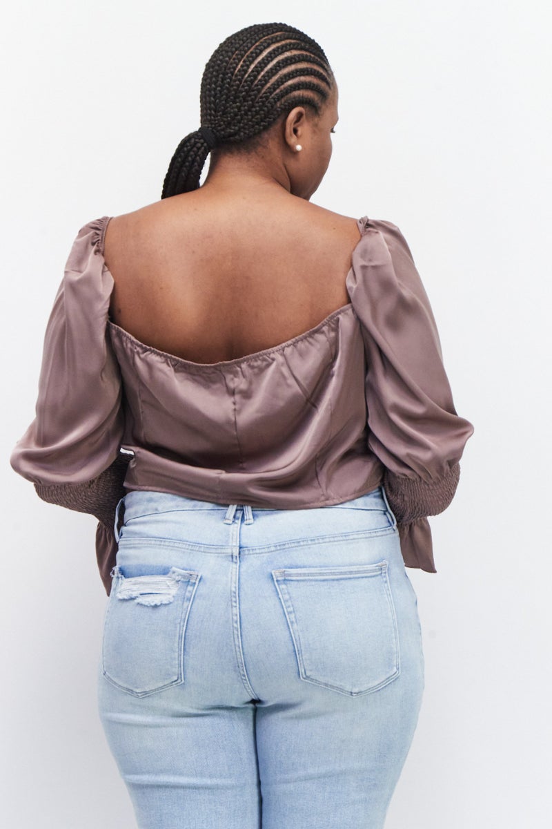 In the style Women Plus Size Square Neck Long Sleeve Solid Crop Top, Taupe - Image 4