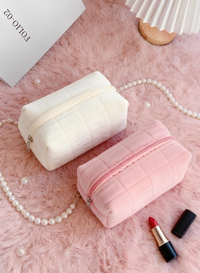 حقيبتان ناعمتان مبطنة للمكياج مع منظم مستحضرات تجميل فاخر باللونين الأبيض والوردي للاستخدام اليومي أثناء السفر وتخزين أدوات الزينة - Image 5