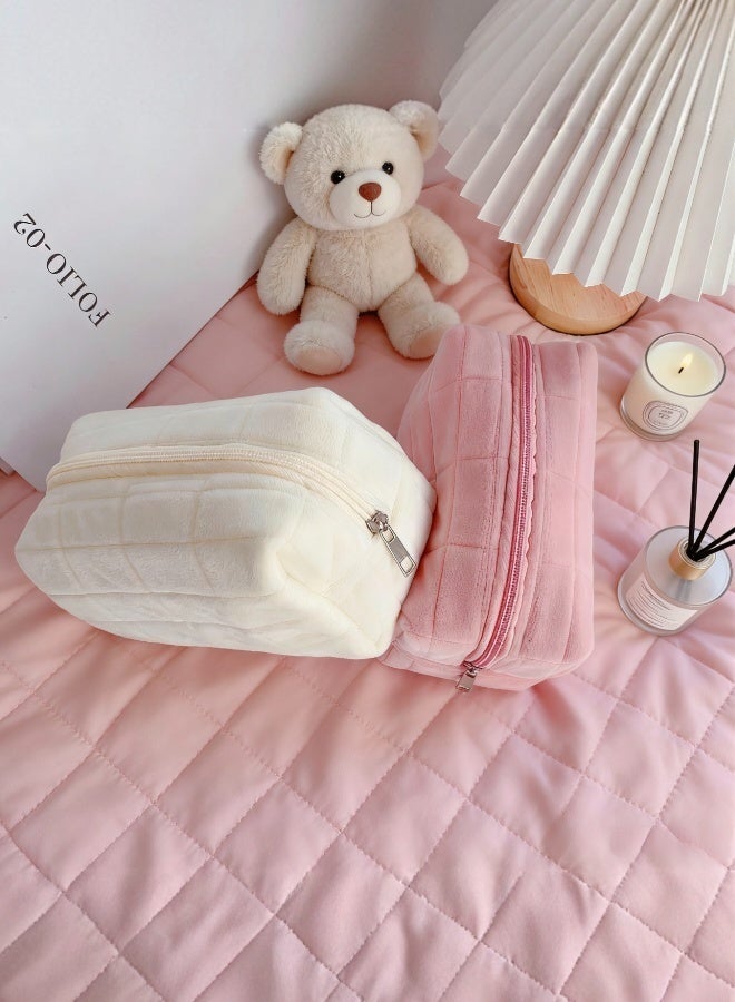 حقيبتان ناعمتان مبطنة للمكياج مع منظم مستحضرات تجميل فاخر باللونين الأبيض والوردي للاستخدام اليومي أثناء السفر وتخزين أدوات الزينة - Image 2