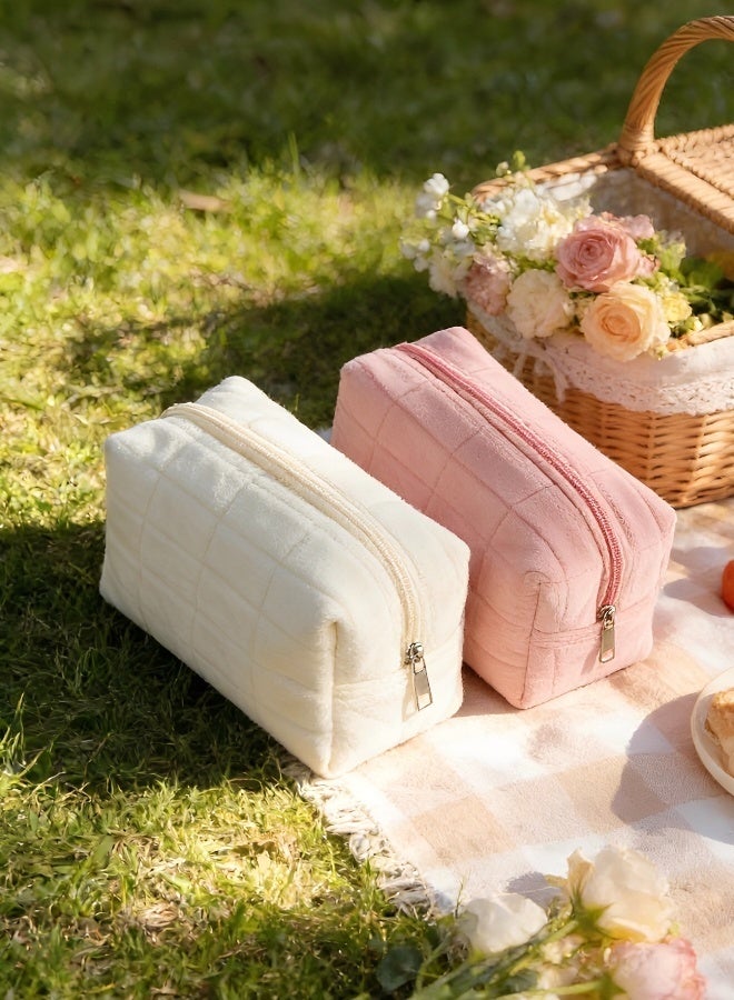 حقيبتان ناعمتان مبطنة للمكياج مع منظم مستحضرات تجميل فاخر باللونين الأبيض والوردي للاستخدام اليومي أثناء السفر وتخزين أدوات الزينة - Image 4