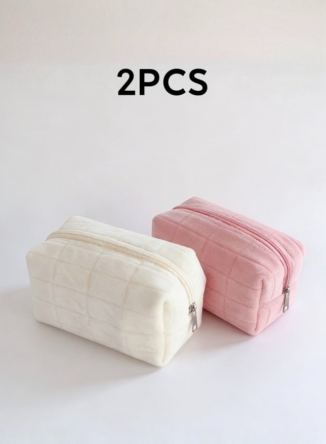 حقيبتان ناعمتان مبطنة للمكياج مع منظم مستحضرات تجميل فاخر باللونين الأبيض والوردي للاستخدام اليومي أثناء السفر وتخزين أدوات الزينة - Image 1