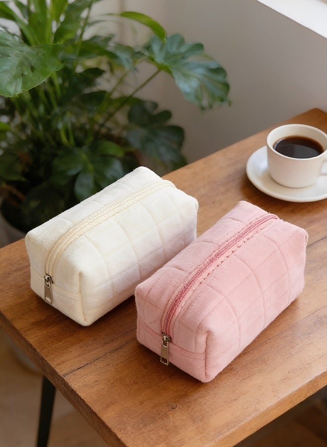حقيبتان ناعمتان مبطنة للمكياج مع منظم مستحضرات تجميل فاخر باللونين الأبيض والوردي للاستخدام اليومي أثناء السفر وتخزين أدوات الزينة - Image 3