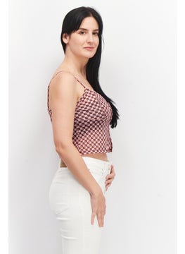 Don't Call Me Jennyfer Women V-neck Sleeveless Checkered Top, Burgundy  - Image 4