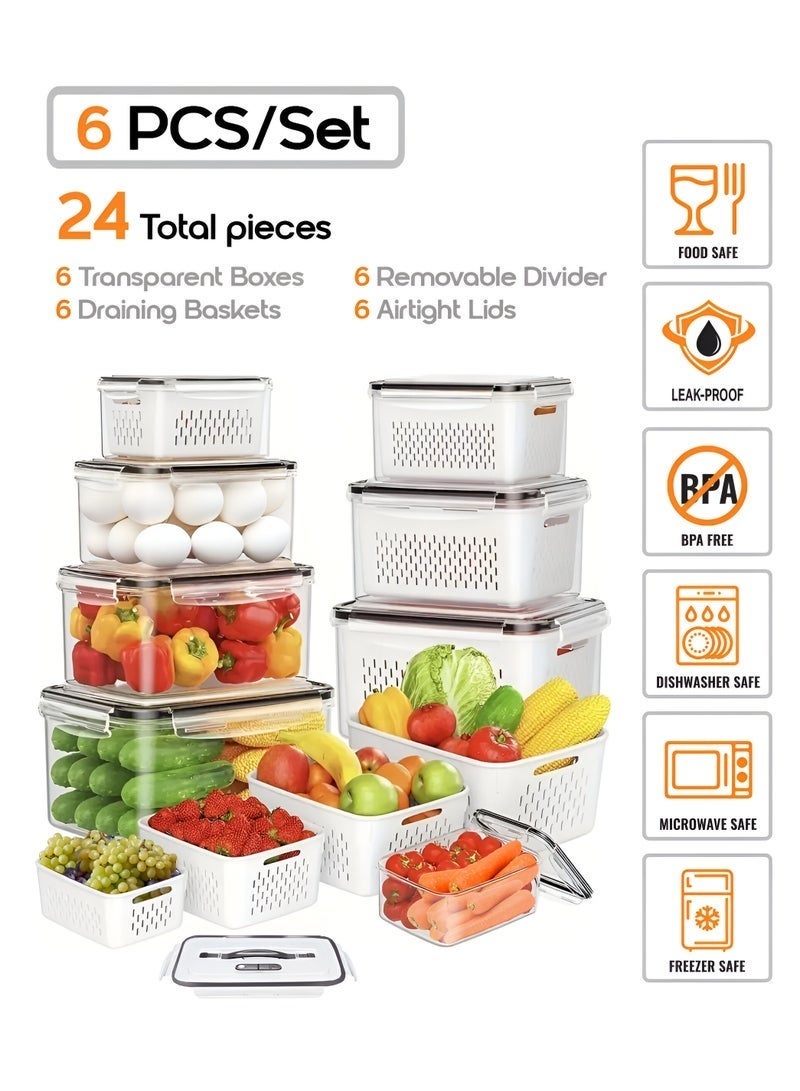 MEDOOSI 6PCS/Set - 24 Piece - Smart Kitchen Storage Boxes - Airtight, Microwave & Freezer Safe | Fridge & Pantry Organizers | Durable Containers with 6 Draining Baskets & Dividers | For Kitchen, Food & Vegetables - Image 2