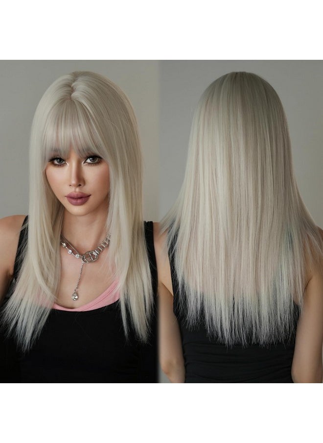7JHH WIGS Long Straight Silver White Synthetic Layered Wig With Bangs 24Inch Layered Straight Platinum Wig Natural Looking Wigs For Women Party Cospaly Wig And Daily Used  - Image 3