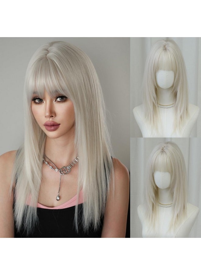 7JHH WIGS Long Straight Silver White Synthetic Layered Wig With Bangs 24Inch Layered Straight Platinum Wig Natural Looking Wigs For Women Party Cospaly Wig And Daily Used  - Image 1