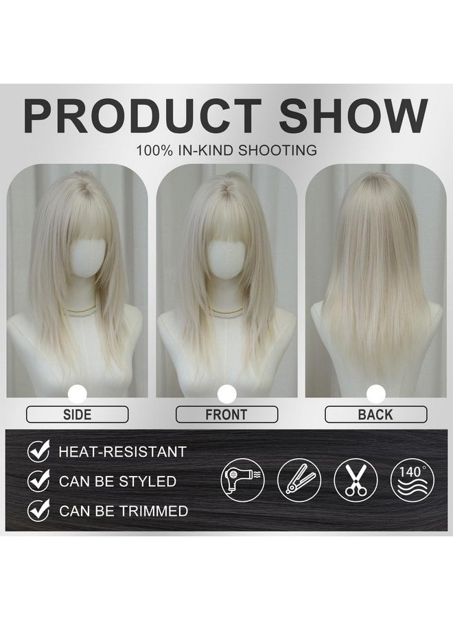 7JHH WIGS Long Straight Silver White Synthetic Layered Wig With Bangs 24Inch Layered Straight Platinum Wig Natural Looking Wigs For Women Party Cospaly Wig And Daily Used  - Image 2