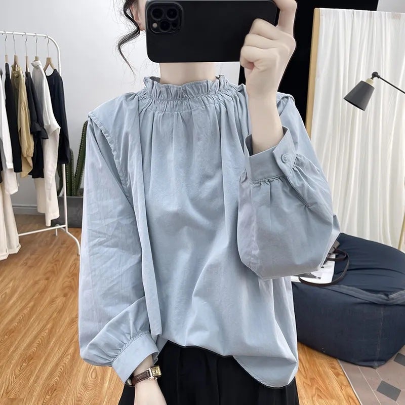 Womens Spring Summer Cotton Linen Long Sleeve Shirt Loose Lantern Sleeve Lotus Leaf Collar Vintage Anti-Aging Top Overhead N#A22 gray blue 