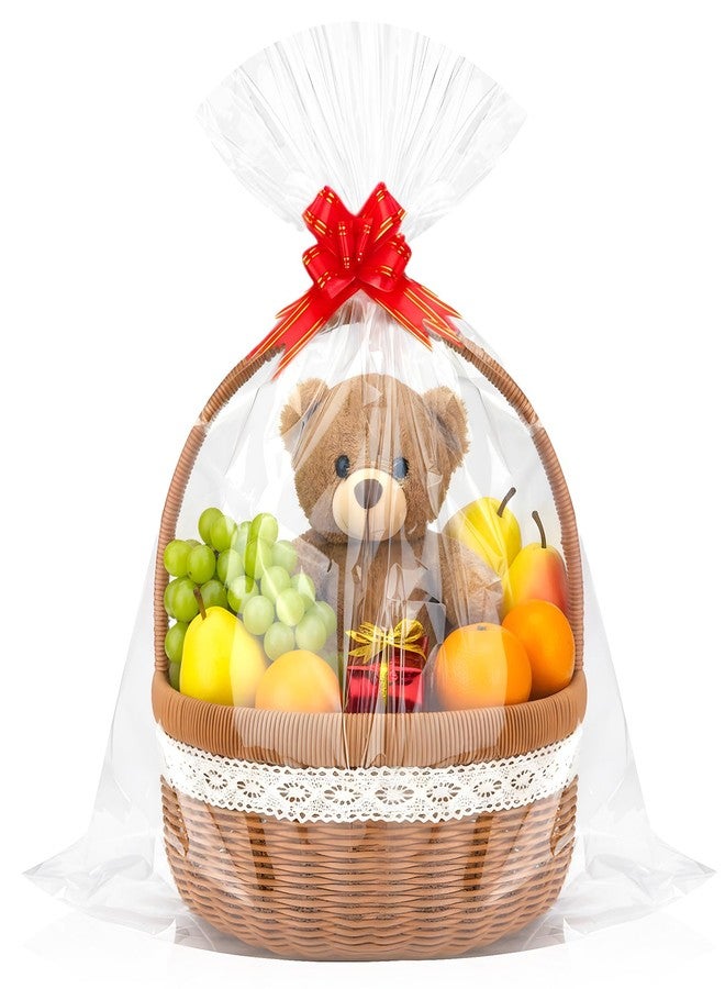 GOMANCHE 10 Pack Large Cellophane Basket Bags, 24 x 30 Inches Easter Cello Basket Wrap with 10 Pieces Pull Bow, Plastic Gift Wrapping for Spring Party Favor Supplies - Image 1